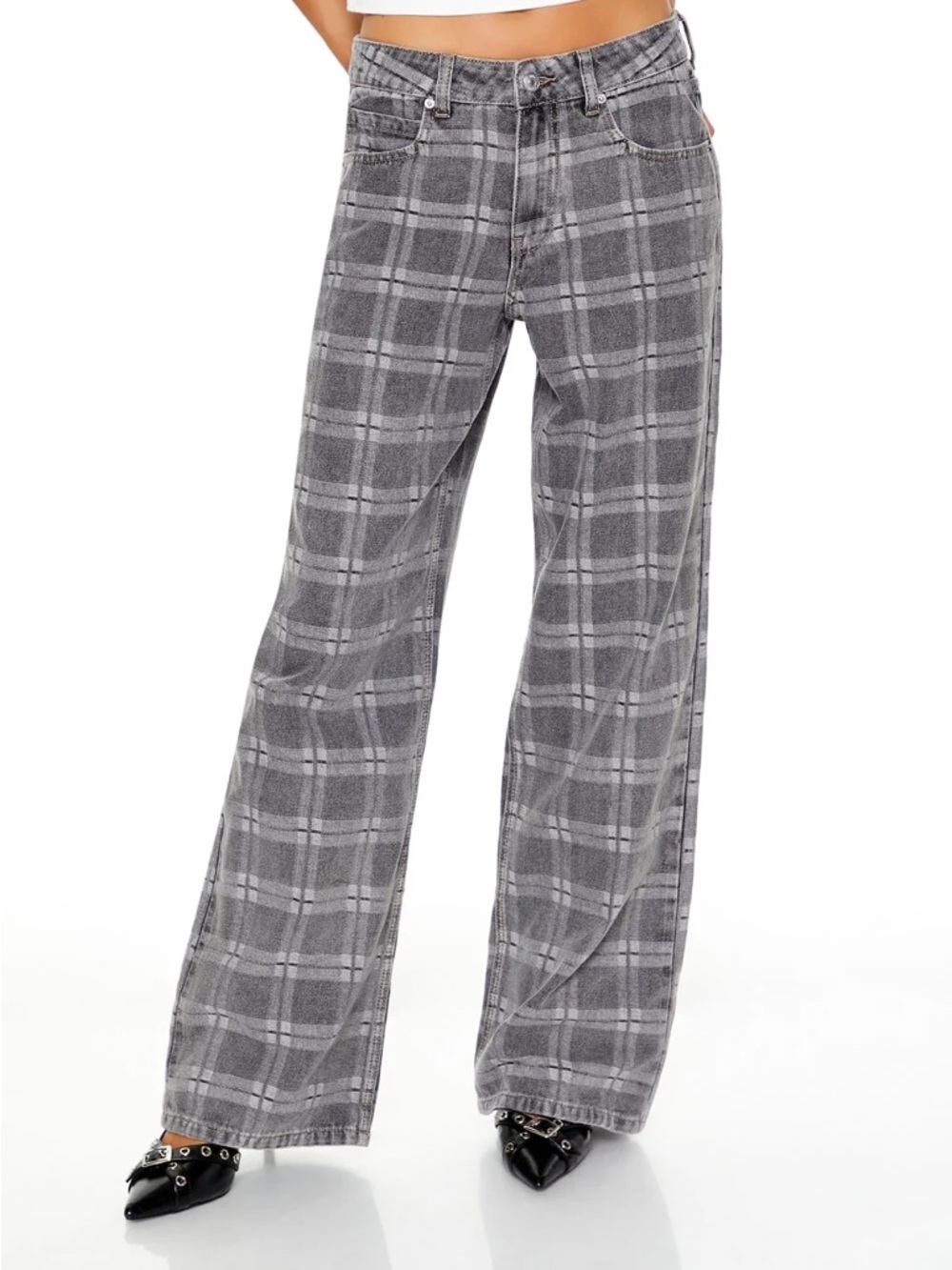 Forever 21 Plaid Mid-Rise Baggy Wide Leg Denim Jeans - Size 25 - Picture 3 of 16